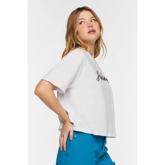 NWT Forever 21 Faux Gem J'adore Graphic Tee in White Size Large - Picture 6 of 7